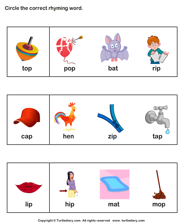 worksheets kindergarten junior for free Rhyming Circle Worksheet the  Turtle Word Diary Correct