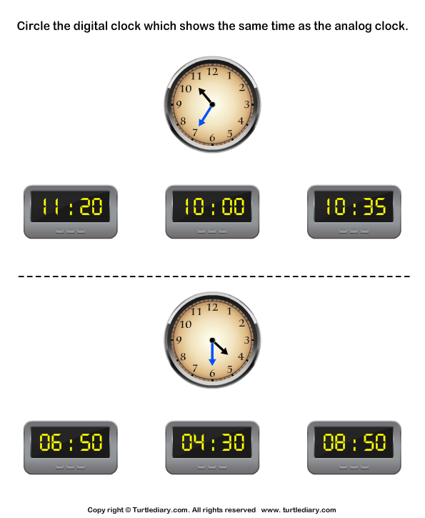 circle the digital clock matching with analog clock worksheet turtle