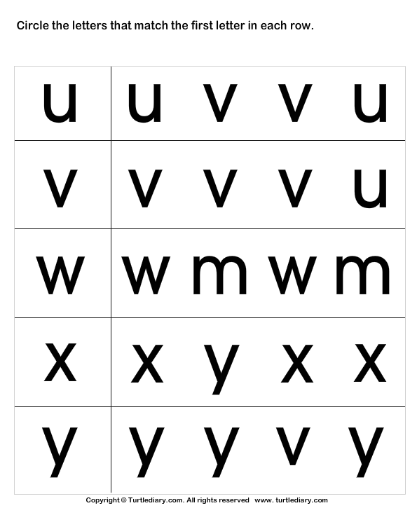 y for worksheets letter first grade Worksheet Turtle U Diary V W Y  Circle Letter the  X Matching