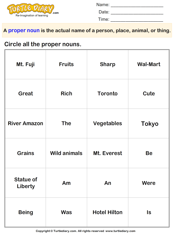 Circle The Proper Nouns Worksheet Turtle Diary