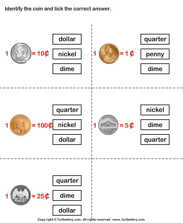 Values of coins worksheet