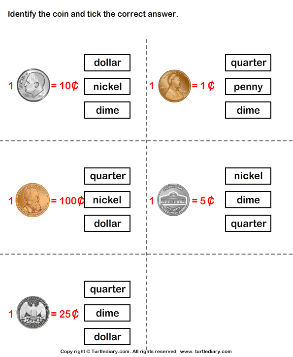 Coins and Their Values Worksheet - Turtle Diary