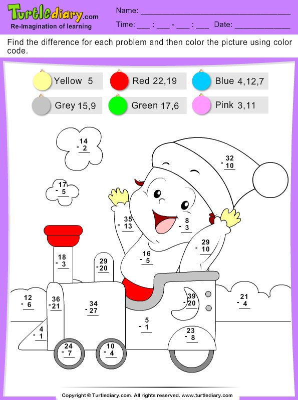 grade math 4 worksheets for fractions Difference Diary Turtle Color  Worksheet by  Train