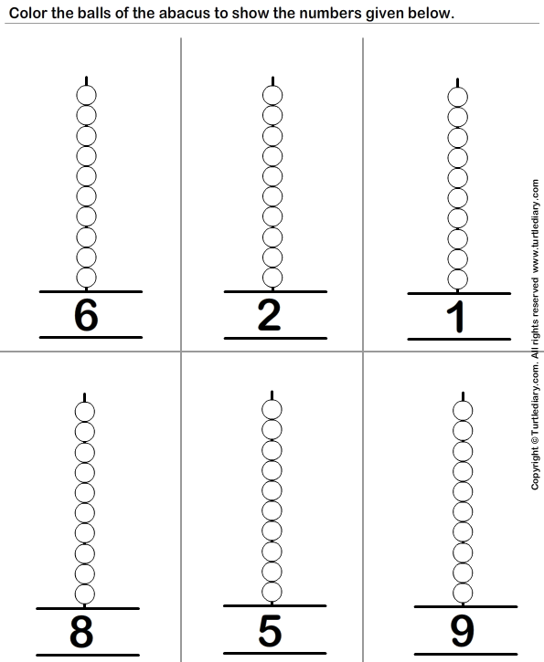 color the one digit numbers on abacus turtle diary worksheet