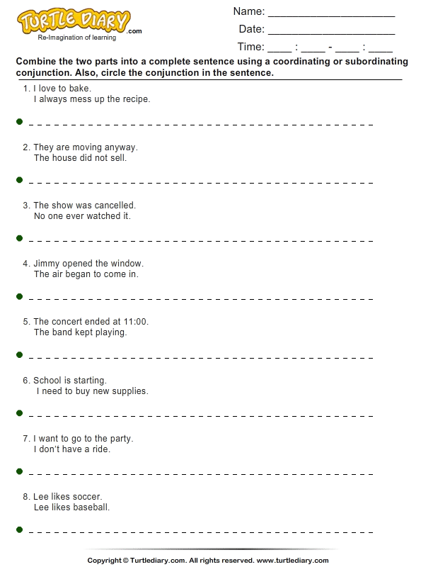 1st english grade pdf worksheets Combine the Worksheet Conjunctions Sentences using