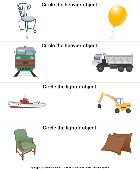 Comparing Objects by Weight Worksheet - Turtle Diary