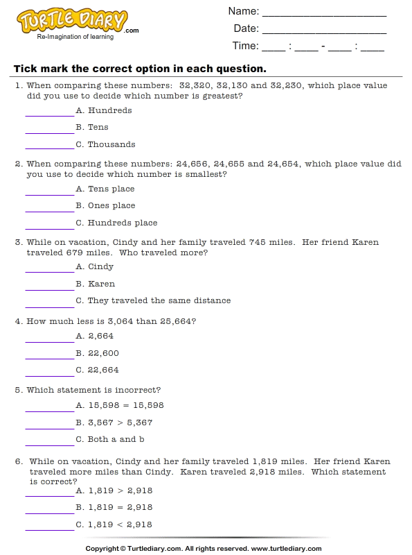 comparison of whole numbers worksheet turtle diary