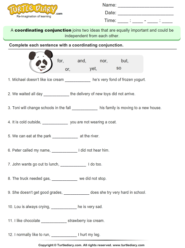 Complete each Sentence with Coordinating Conjunction Worksheet - Turtle