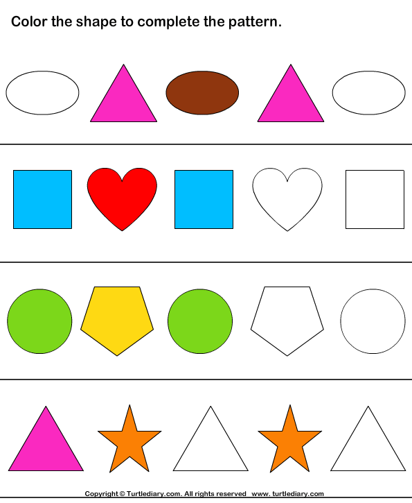 complete patterns by coloring the missing shapes turtle diary worksheet