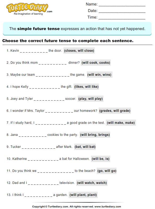 Complete Sentences By Choosing Correct Future Tense Of Verb Turtle 