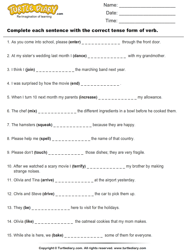 writing for blank worksheet Sentences Verbs by Complete of Tense Writing Correct Form