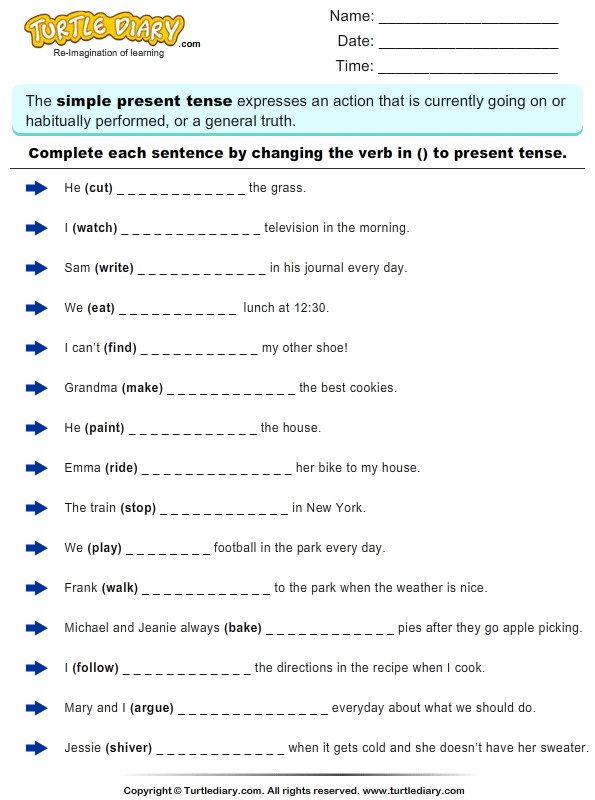 complete sentences by writing present tense form of verb worksheet