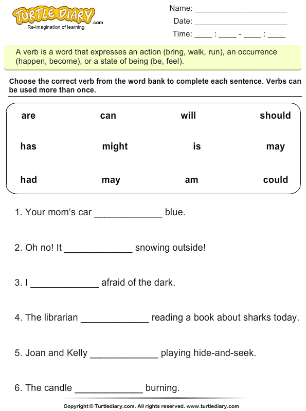 pdf grade english exercise for 7 Diary Worksheet Are  Complete Am Is Turtle with Sentences