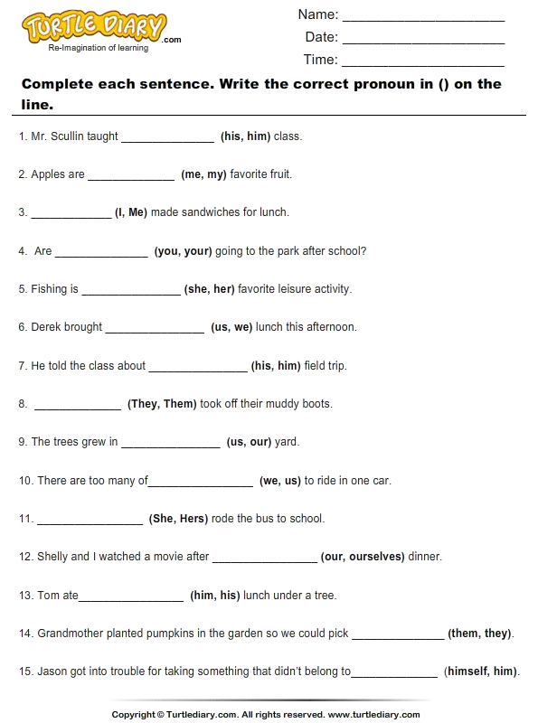 Pronouns Sentences Worksheets