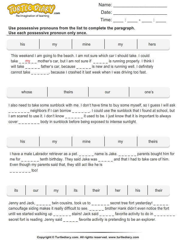 s exercises english genitive Worksheet Paragraph Complete the with Possessive Pronouns