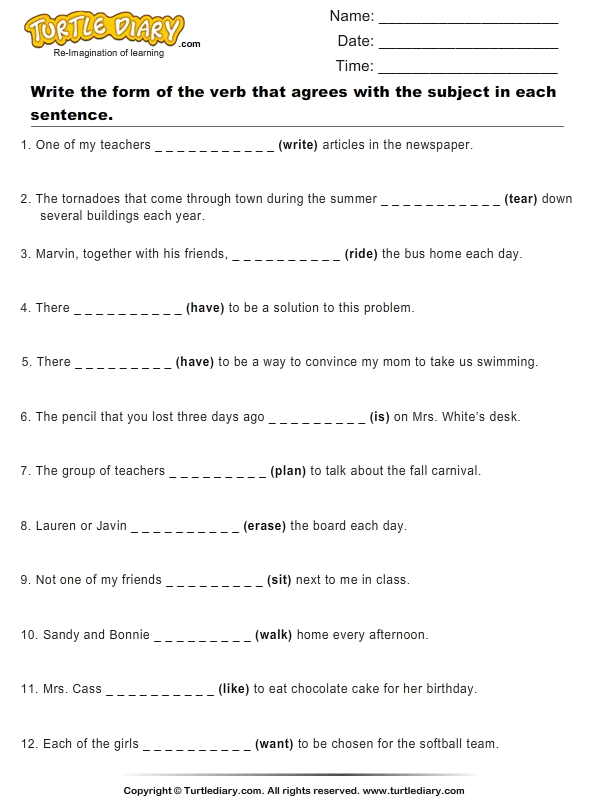 for verb kindergarten free worksheets Worksheet Sentence Complete Verb with the Correct of form