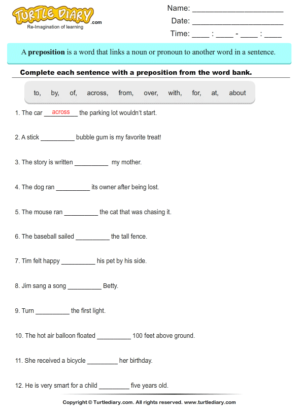 Complete the Sentence with the Correct Preposition Worksheet - Turtle Diary