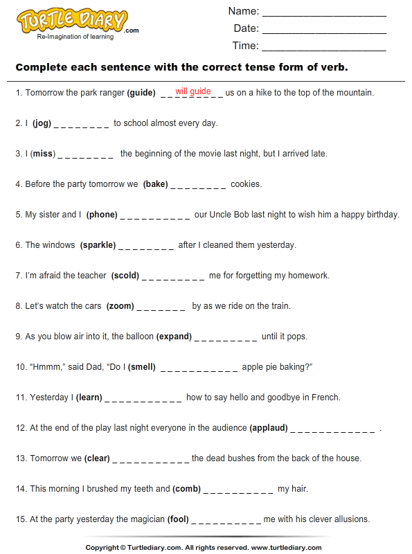 tense past exercise english Correct Verb the Sentence Complete of Form with the Tense