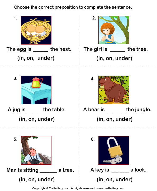 Preposition In On Under Worksheet For Grade 1