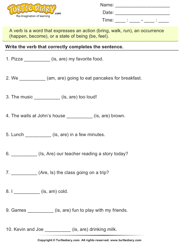 Complete the Sentences using Verb Is Am Are Worksheet - Turtle Diary