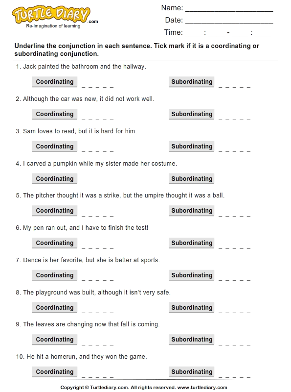 coordinating and subordinating conjunctions turtle diary worksheet