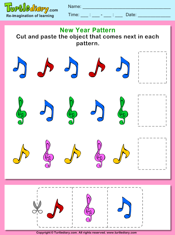 Cut and Paste the Music Pattern That Comes Next Worksheet - Turtle Diary