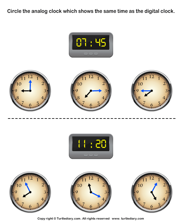 digital and analog time match turtle diary worksheet