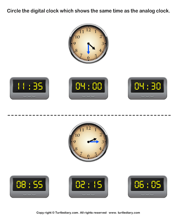 Digital Clock Matching Worksheet - Turtle Diary
