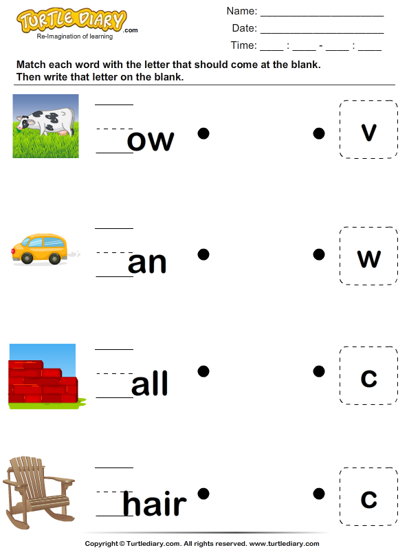 Draw a Line to Match the Missing Letter and Word Worksheet Turtle Diary