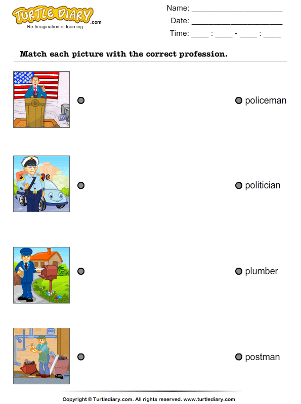 Draw a Line to Match the Pictures and Profession Worksheet - Turtle Diary