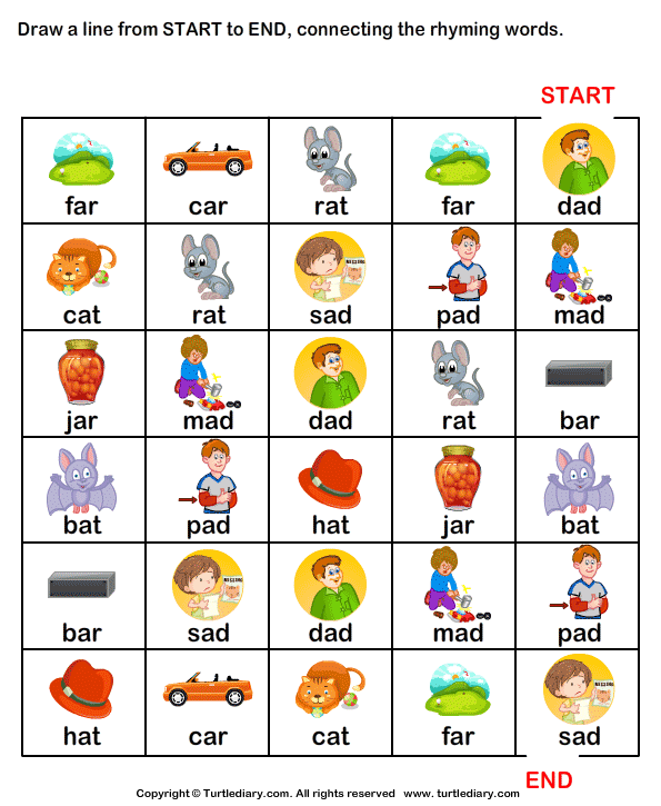 Draw Line from Start to End Connecting Rhyming Words ad Worksheet