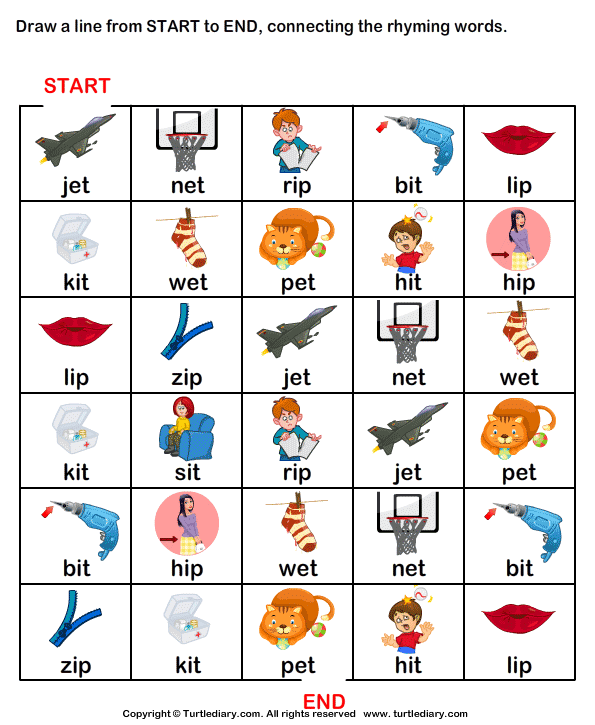 Draw Line from Start to End Connecting Rhyming Words et Worksheet