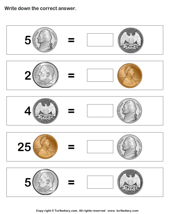 Equal Values of Coins with Different Numbers Worksheet - Turtle Diary