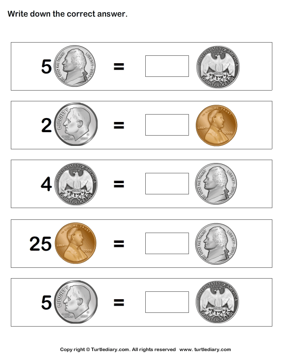 exercise quiz english Numbers of Equal Different with Values Worksheet Coins