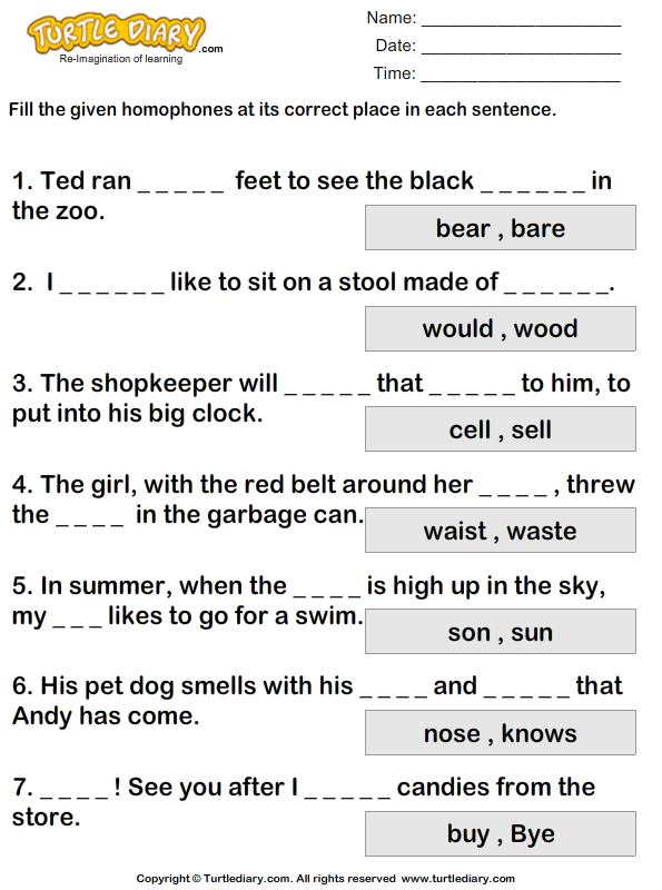 Fill in Blank using Homophones Worksheet - Turtle Diary