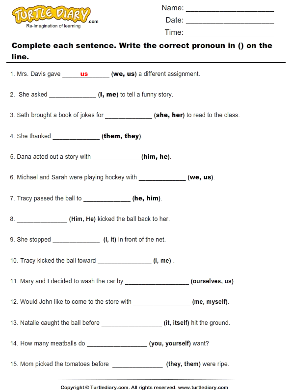 Fill in the Blank with the Correct Pronoun Worksheet - Turtle Diary