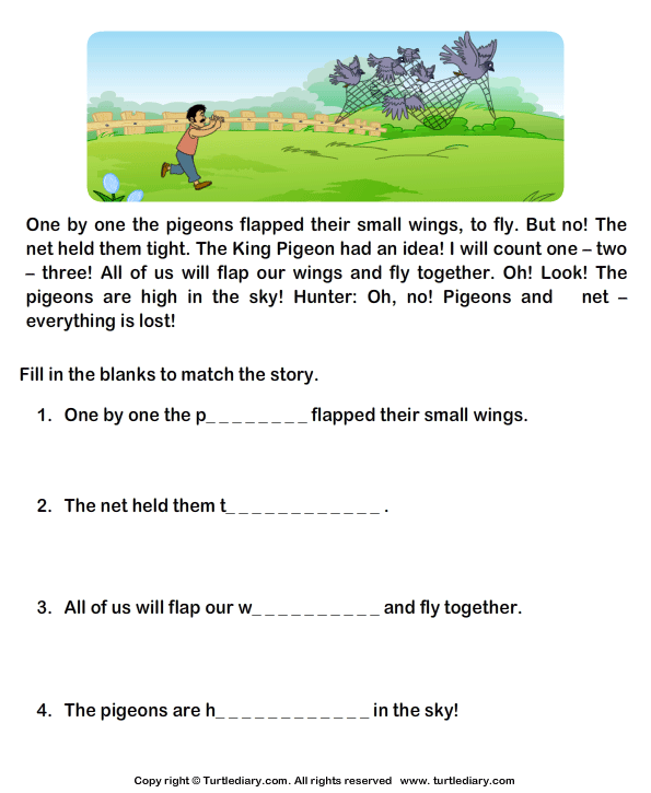 printable reading free comprehension grade 1 Fill Comprehension Blanks Pigeons and the from in Hunter