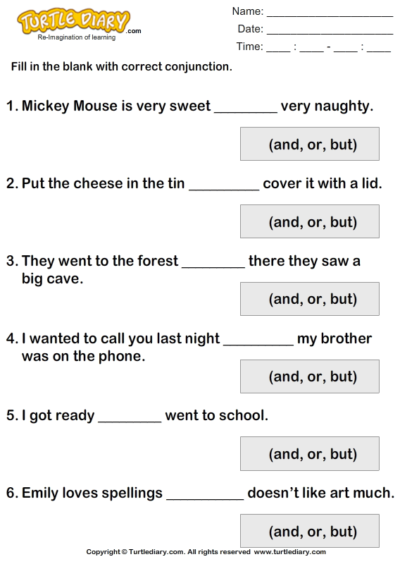 Fill in the Blanks in Sentences using But or And Worksheet - Turtle Diary