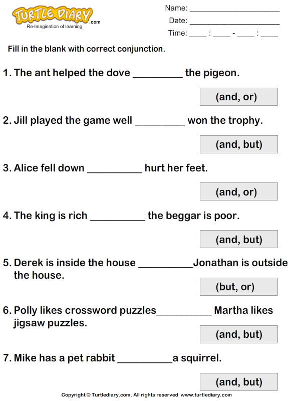 Fill In The Blanks Using Conjunctions But Or And Turtle Diary Worksheet