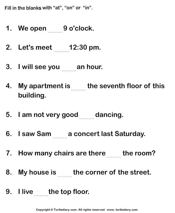 fill in the blanks with at in or on turtle diary worksheet