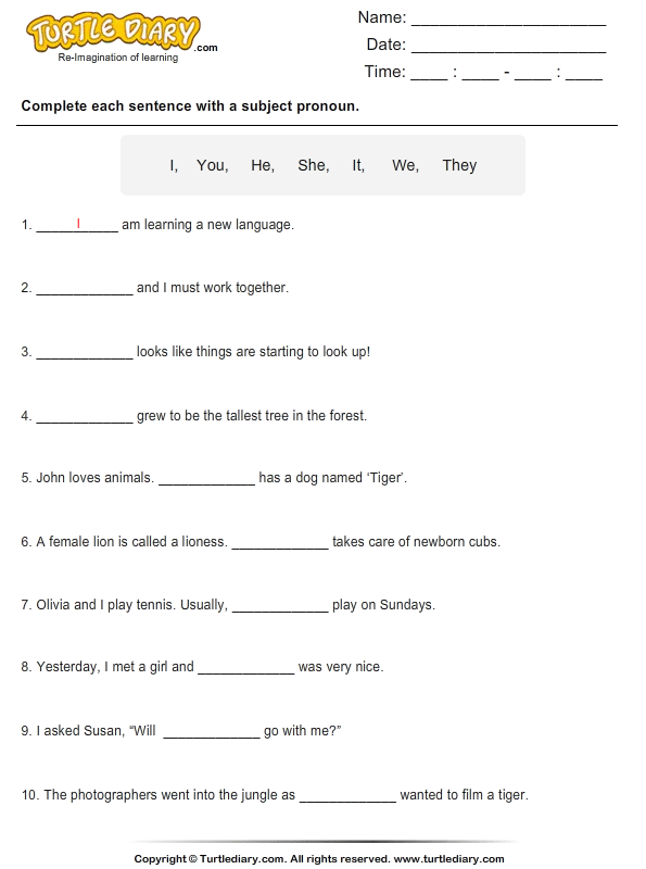 Fill in the Blanks with Subject Pronouns Worksheet - Turtle Diary