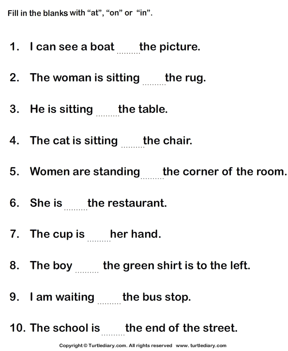 Fill in the Blanks with the Appropriate Preposition At In On Worksheet