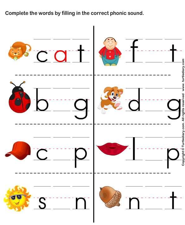 fill in the correct phonic sound worksheet turtle diary