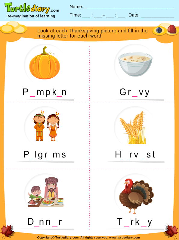 Fill in the Missing Letter in Thanksgiving Words Worksheet - Turtle Diary