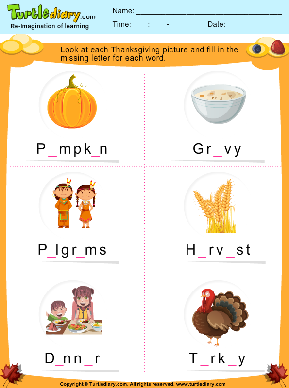 Fill In The Missing Letter In Thanksgiving Words Worksheet Turtle Diary