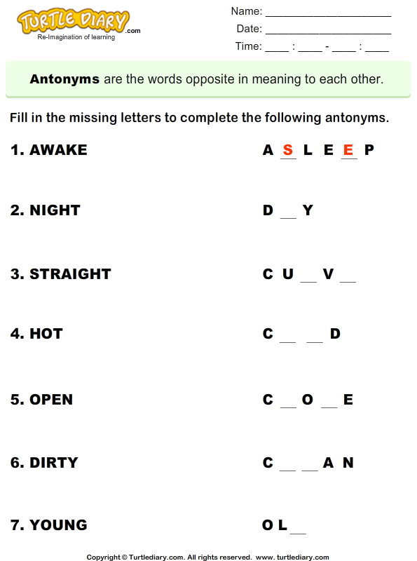 grade 1 free worksheets for synonyms Antonym Missing Words to Fill Letters in the Complete