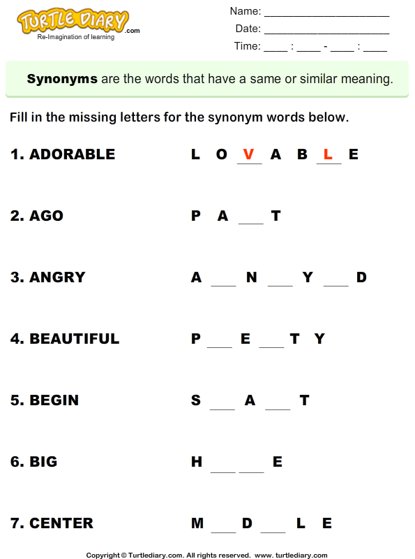 Fill in the Missing Letters to Complete Synonym Words Worksheet