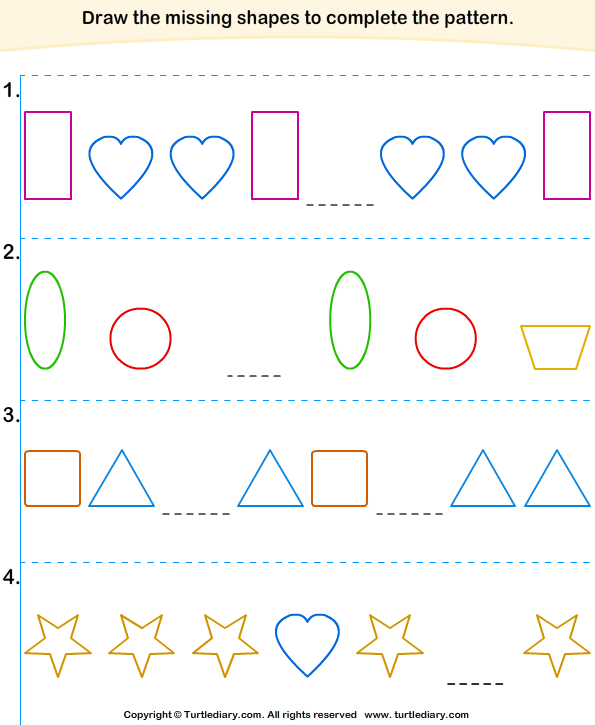 fill in the missing shapes to complete the pattern turtle diary worksheet