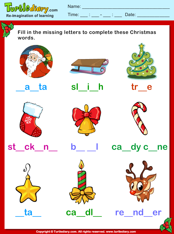 Fill Missing Letters Christmas Vocabulary Worksheet Turtle Diary