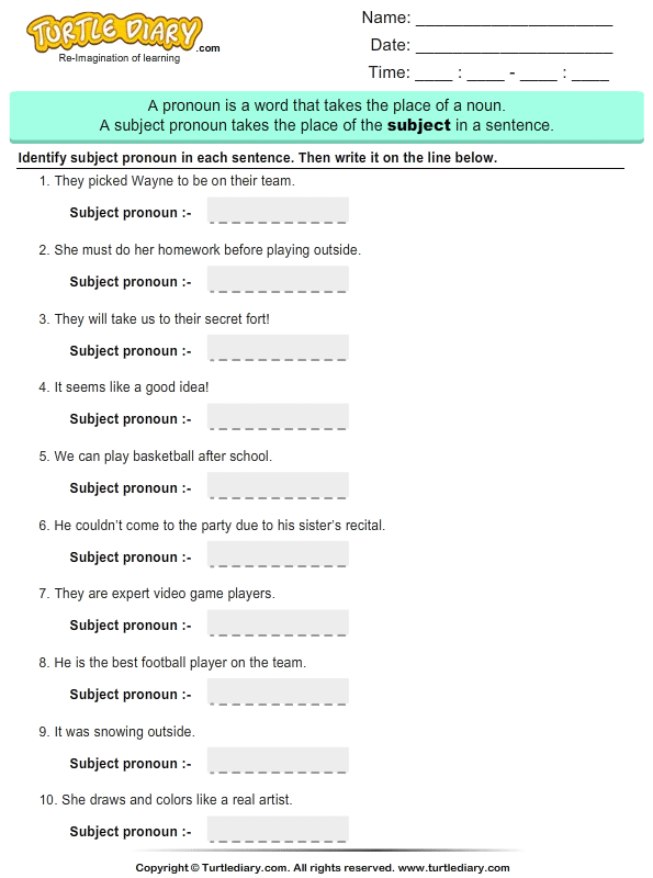 Find Subject Pronoun in each Sentence Worksheet - Turtle Diary